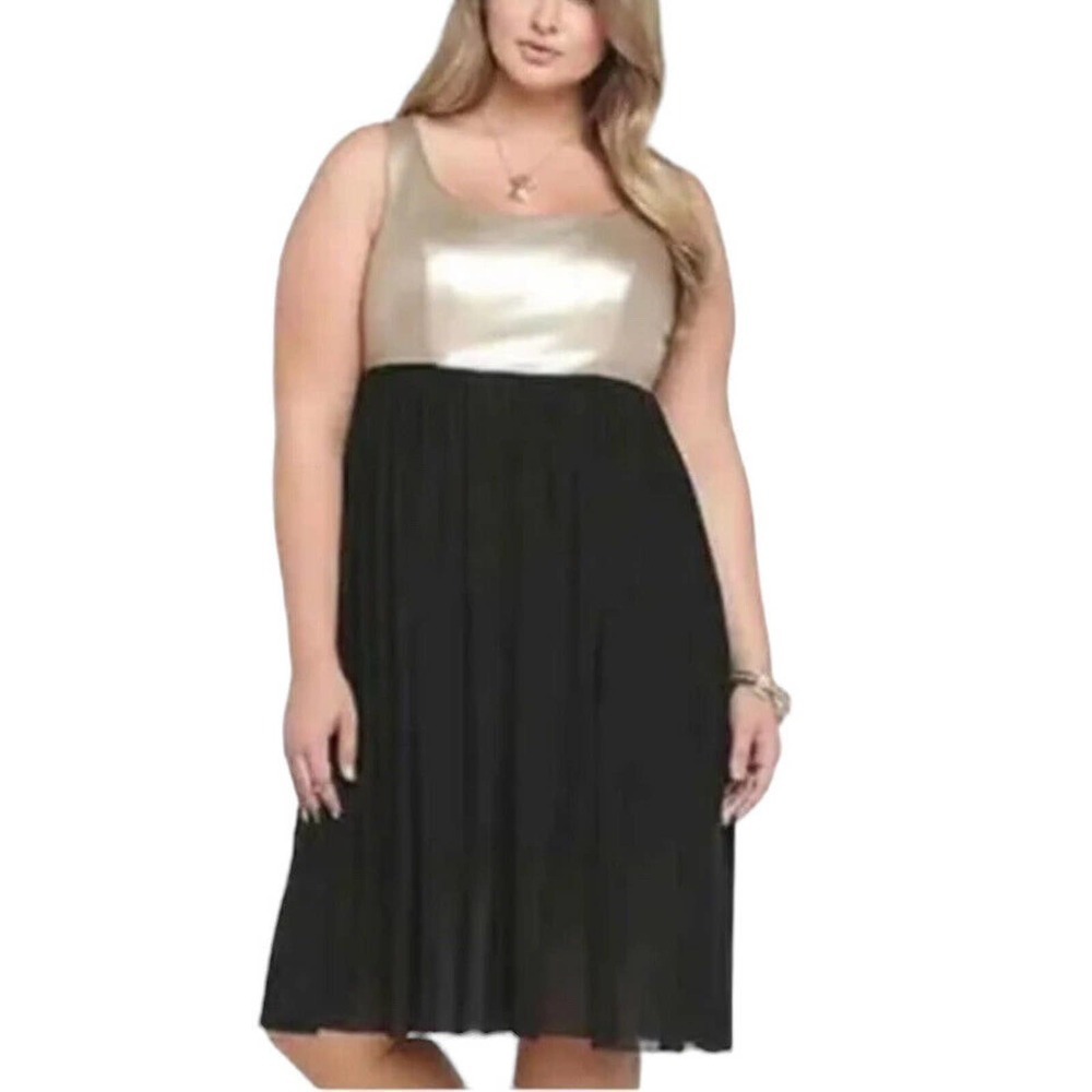 Torrid Party Dress Size 14 Faux Leather Sleeveless Fit Flare Metallic Gold Black
